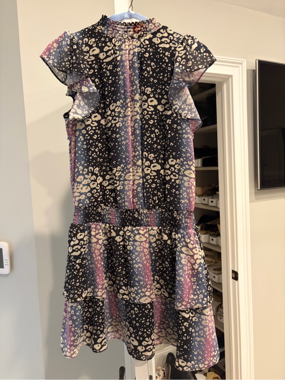 STATE Black and Cream Leopard Print Tiered Ruffle Dress with Purple Accents